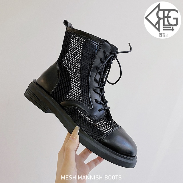 【REGIT】MESH MENNISH BOOTS-BLACK 韓国 靴 シューズ ブーツ メンズライク ミリタリー メッシュ 夏 カジュアル 10代 20代 プチプラ 映える 透け感 ネット通販