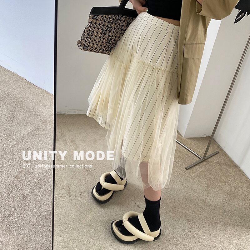 メッシュストライプスカート サマースタイルハイウェストウェストAライン 夏物 ステッチ ビッグFスモールZ韓国89783594287