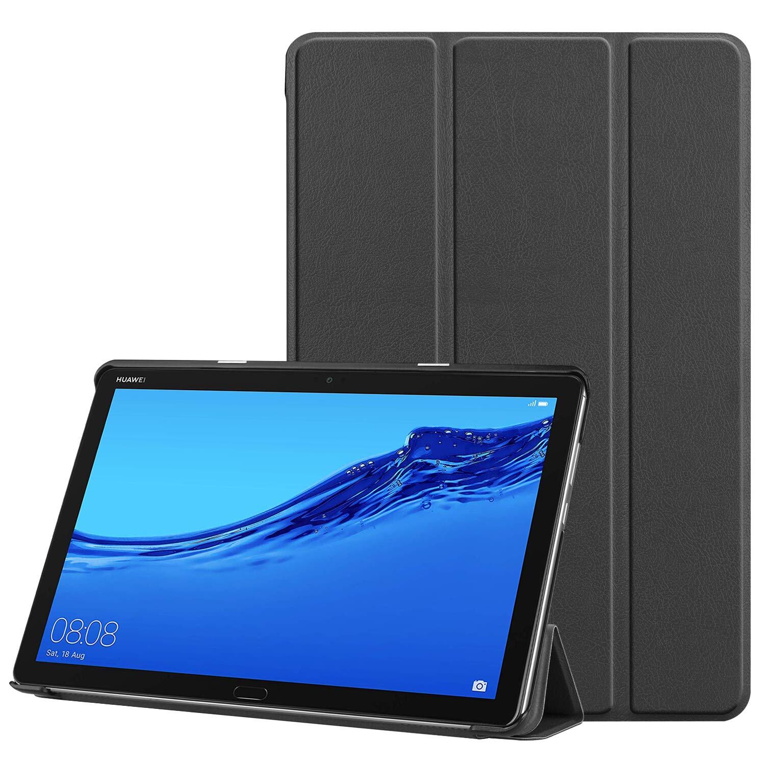 【PCATEC】 HUAWEI MediaPad M5 lite 10 タブレット専用ケース マグネット開閉式 スタンド機能付き 三つ折 カバー 薄型 軽量型 スタンド機能 BAH2-W19 PUレザーケース (ブラック)