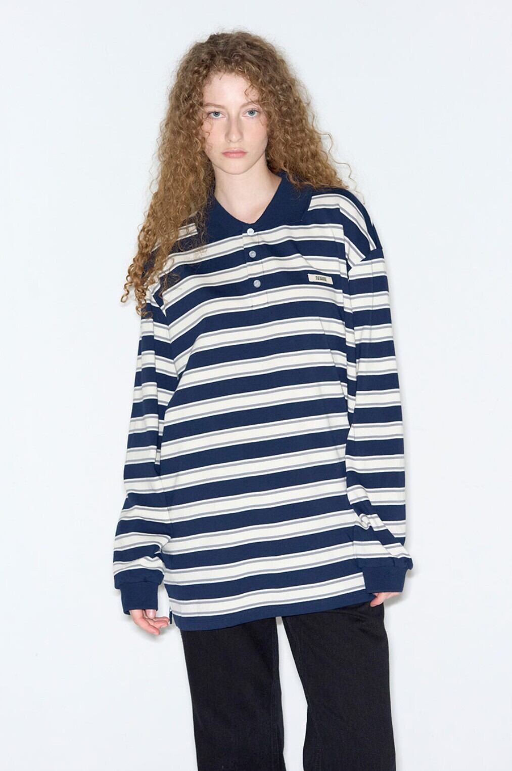 ☆ILLIT ミンジュ 着用！！【ROCKCAKE】Striped Polo T-Shirt - Navy