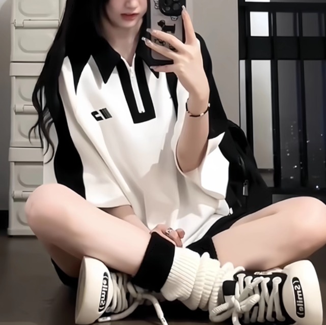 ツーピース セットアップ レディース トップス パンツ ボトムス シャツ ショートパンツ ショート ハーフジップ 半袖 襟付き オーバーサイズ  ストリート ファスナー かわいい シンプル カジュアル おしゃれ かっこいい ボーイッシュ スポーティー 存在感 ベーシック アクティブ 春 夏 秋 ロングシーズン 部活 アウトドア キャンプ ジム 公園 休日 スポーツ ダンス 韓国 オルチャン コーデ 楽ちん プチプラ インスタ映え S M L XL 小さいサイズ 大きいサイズ 黒 ブラック ベーシックカラー