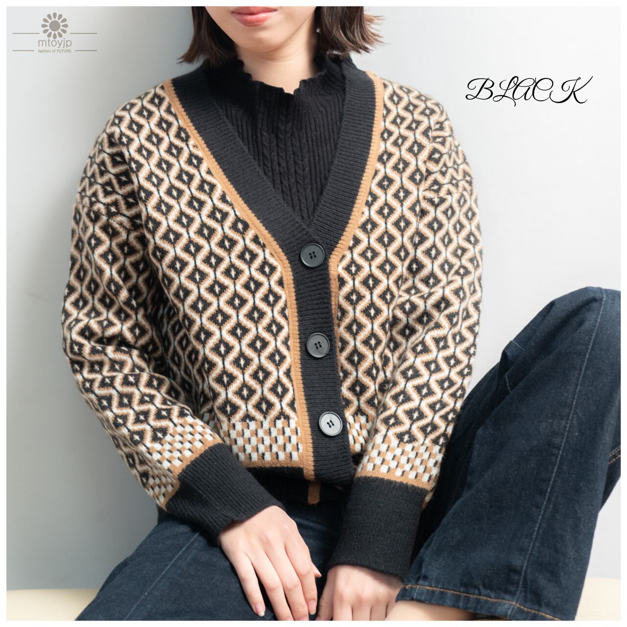幾何学柄 ジャガードカーディガン レディース 配色ダイス柄 ニット