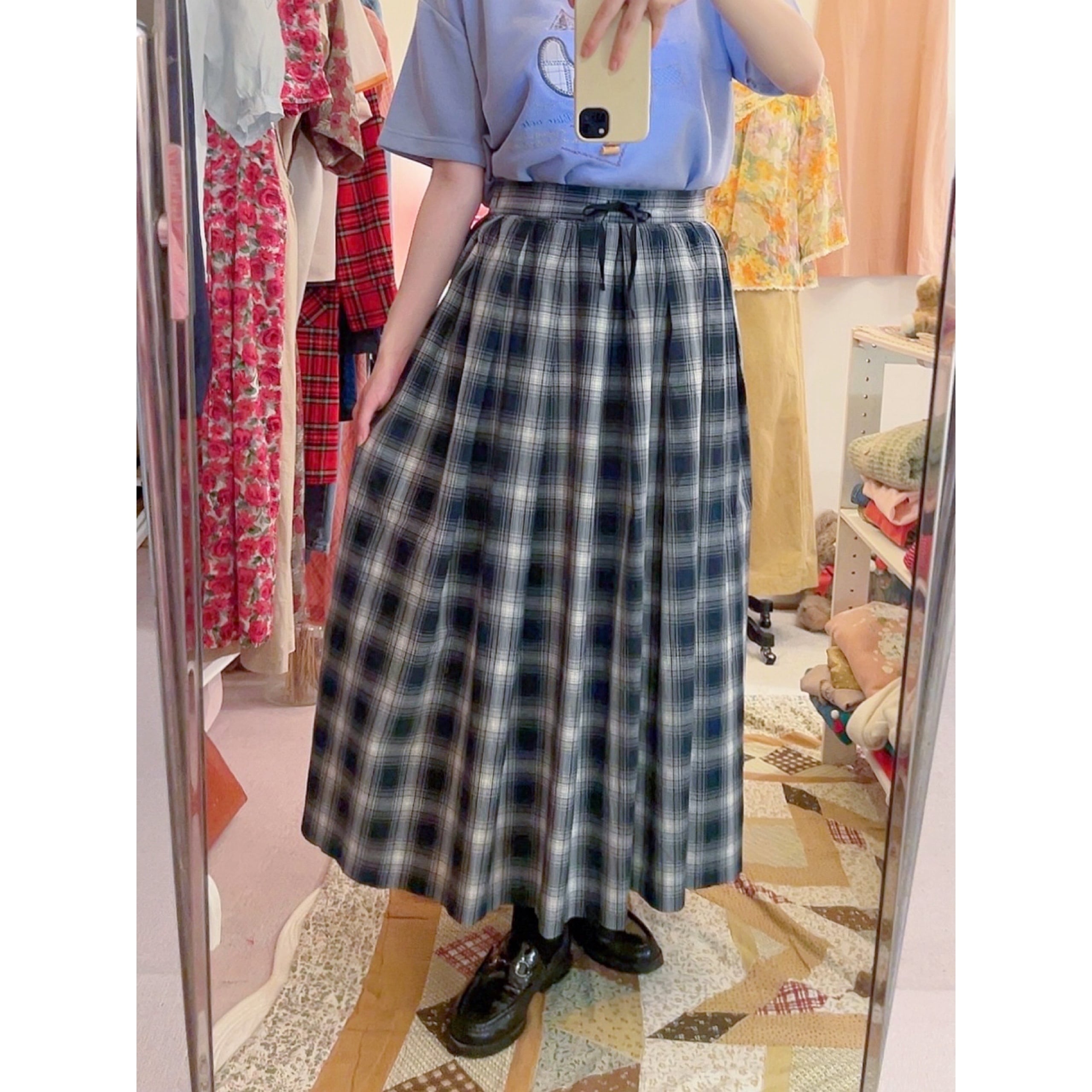 black check gather skirt