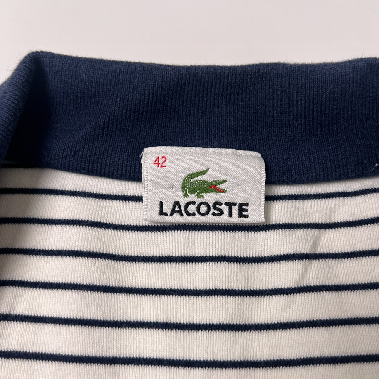 LACOSTE ラコステ ボーダー スキッパー 襟付き 半袖シャツ 42/ホワイト ネイビー