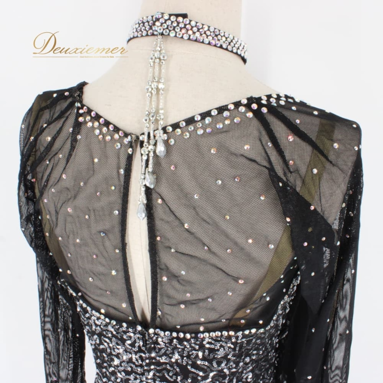 社交ダンス 衣装 スタンダード ドレス ワンピース パーティドレス レディース Sekine ブラック系 シルバー系 黒 長袖 レース チョーカー 華やか スパンコール ラインストーン キラキラ フォーマル 発表会 競技用 演奏会 社交ダンスドレス ラテン 混合 フレアスカート ティアード風 ロング丈 伸縮素材 Lサイズ 11号 ポリエステル ポリウレタン 光沢 ブラックシルバー系 シック エレガント 大人可愛い 9号トルソー参考 素敵 上品