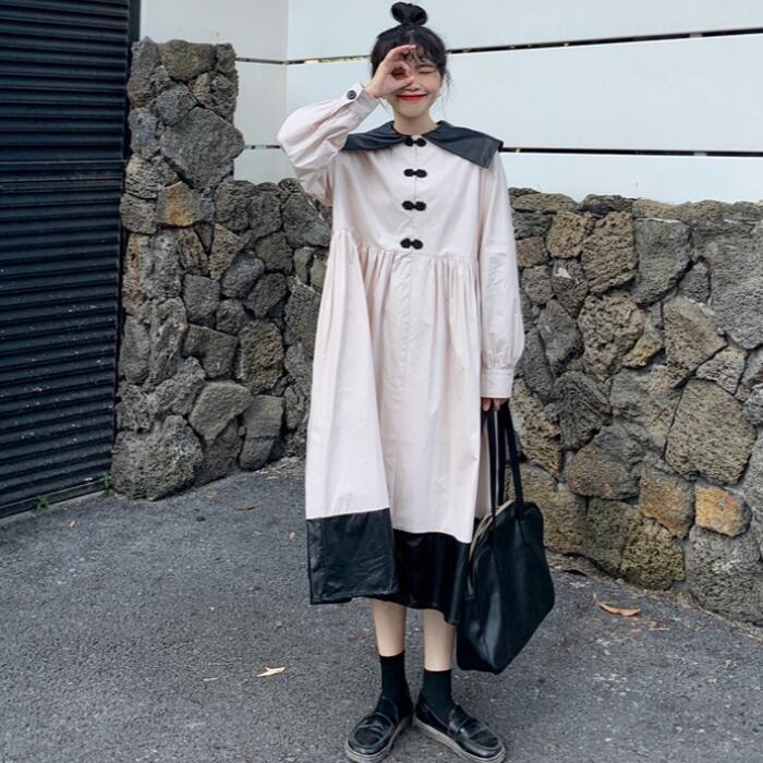 スプリングドレス ブラックホワイトカラーAラインスカート 春物 1号婦人39369802393