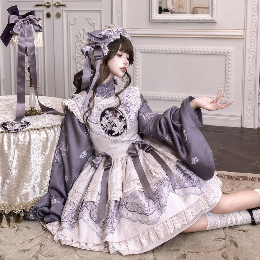 和ロリ 花柄羽織 ボリューム袖 クラシカルロリータ 和風メイド服【予約