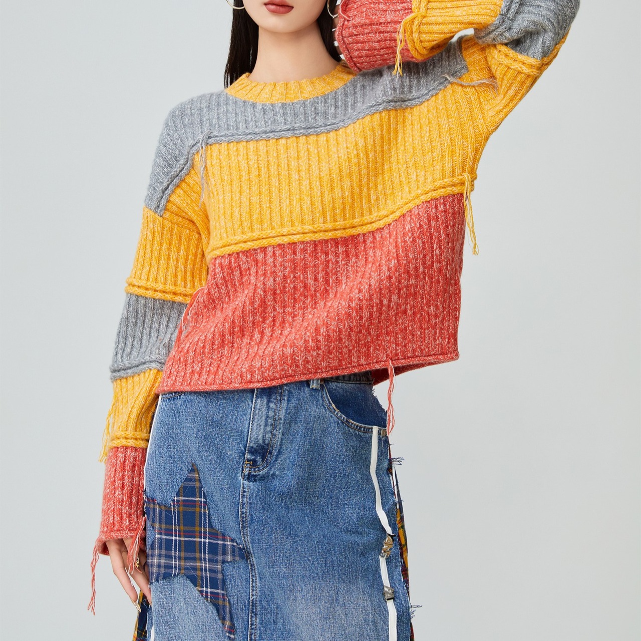 カラーブロックボーダー ニットセーター H0019