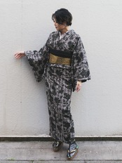 【即納レディースMサイズ】仕立て上がり 胴抜き「ツイード更紗」イエローブラック　[B1202]