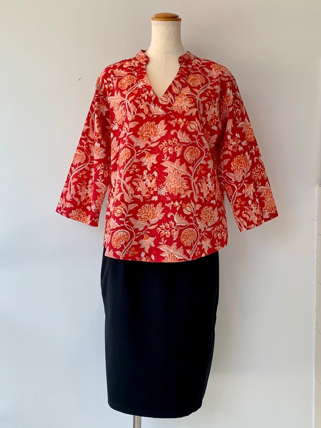 シャツ　インド綿　手作り　ピンク　涼しい　ハンドメイド　ブロックプリント