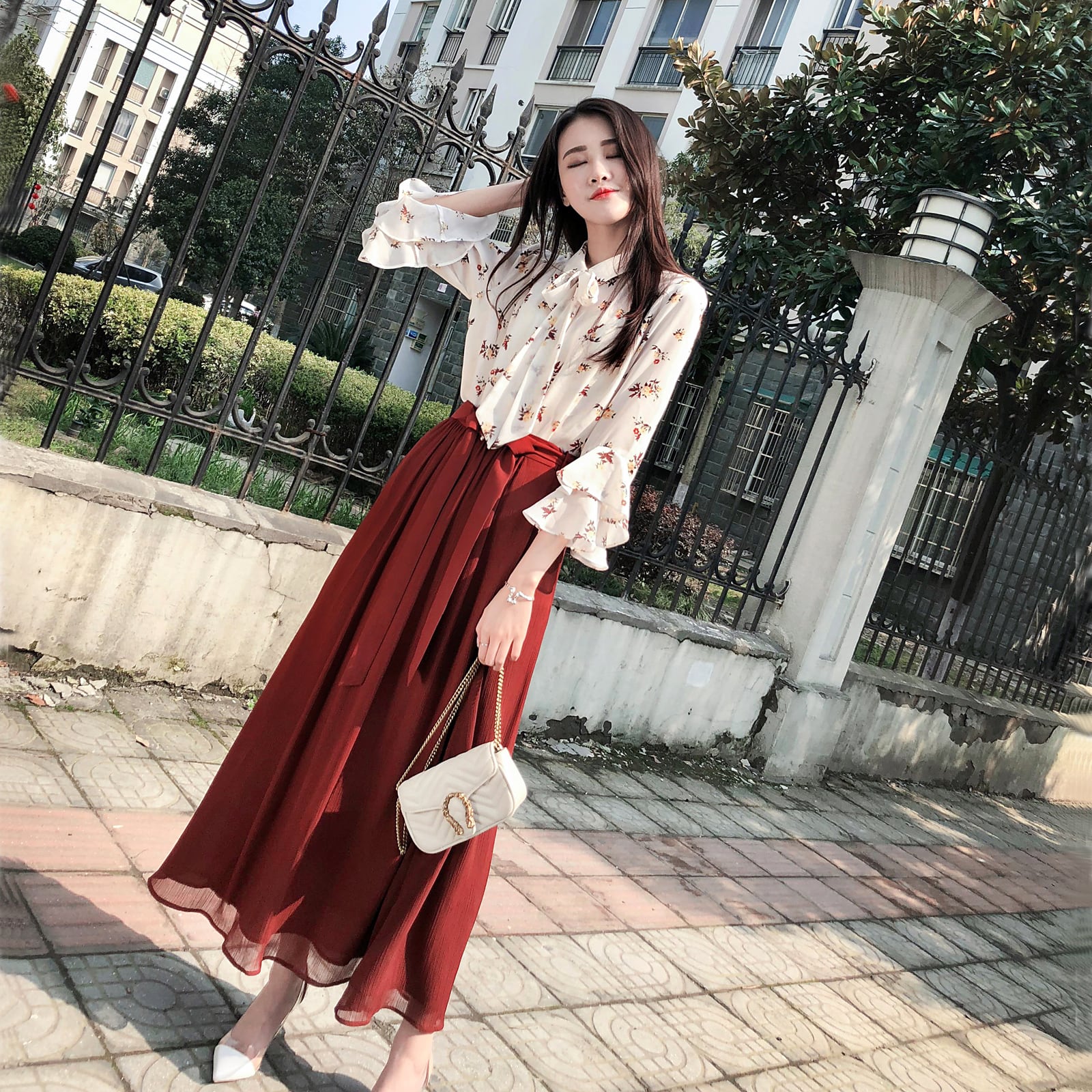 春新作 セットアップ トップス ブラウス 花柄 スカート ロングスカート  
