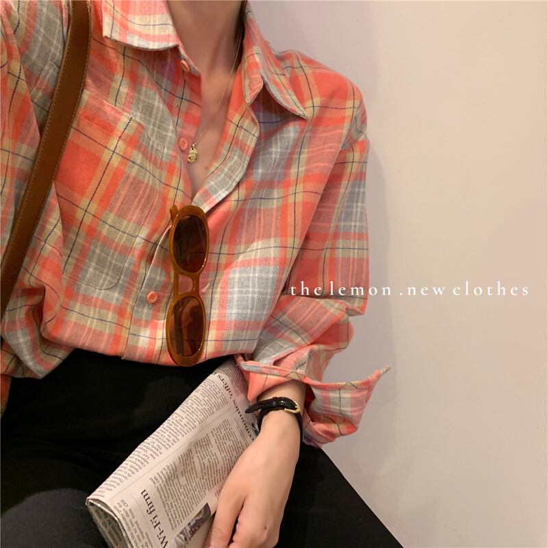スタンダードカラー格子柄シャツ ベーシックポケットシングル長袖スリーブトップス レディース ロング レトロ ビッグFスモールZ韓国5907026604