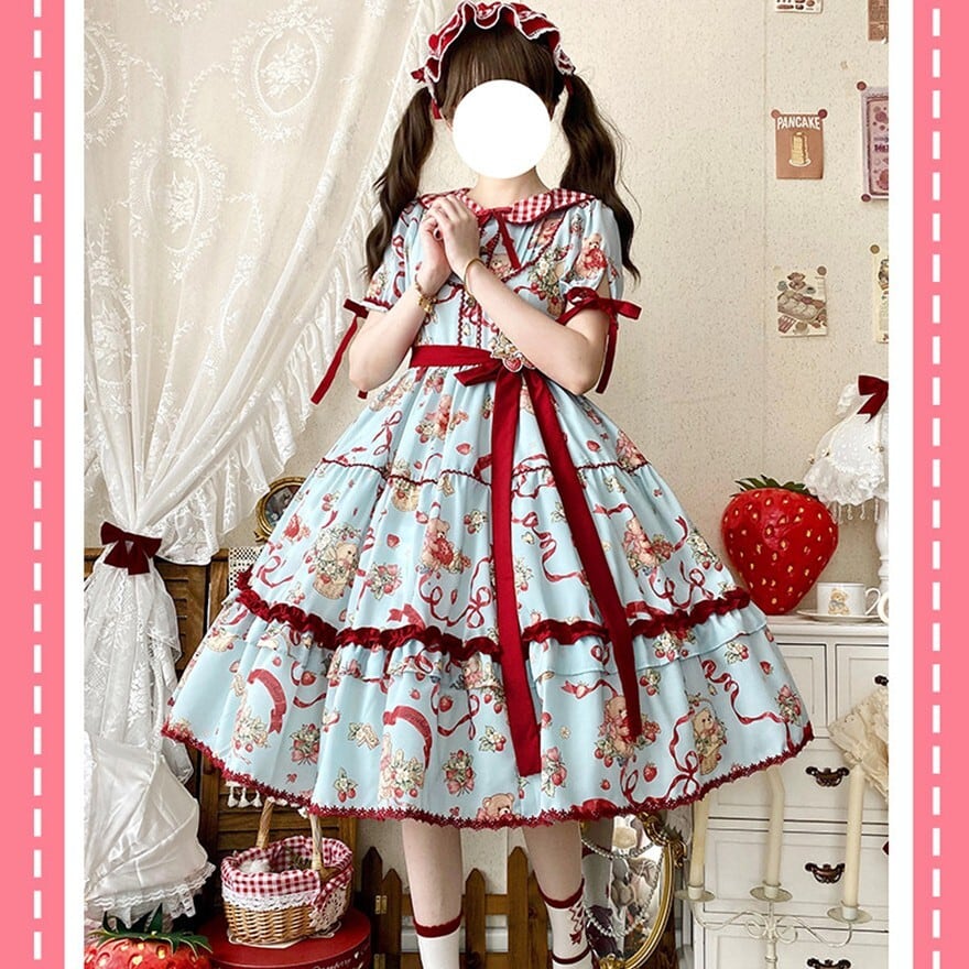 甘ロリ｜いちごとくま柄が広がるティアード ゆめかわいいワンピース