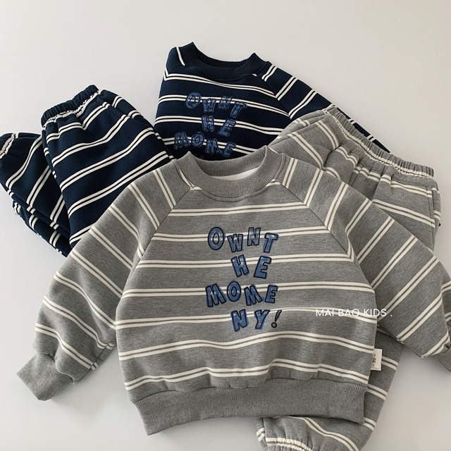 【冬作】英字柄ボーダーカジュアルボア付きセットアップ