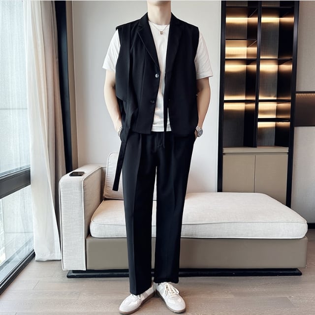 【予約販売】3点セット メンズ セットアップ ベスト パンツ Tシャツ 変形デザイン 無地 男前 ブラック ホワイト 上下 パーティ お出かけ パーティー 二次会 結婚式 M/L/XL/2XL