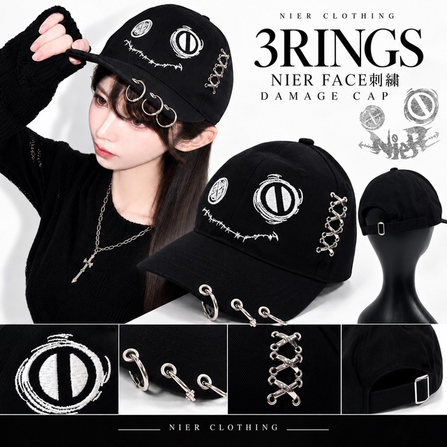 3RINGS NIER FACE刺繍DAMAGE CAP