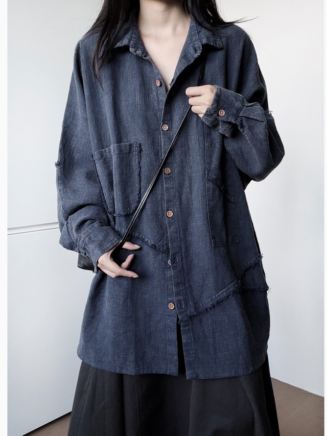 Raw edge sand washed ramie paneled shirt [T2957]