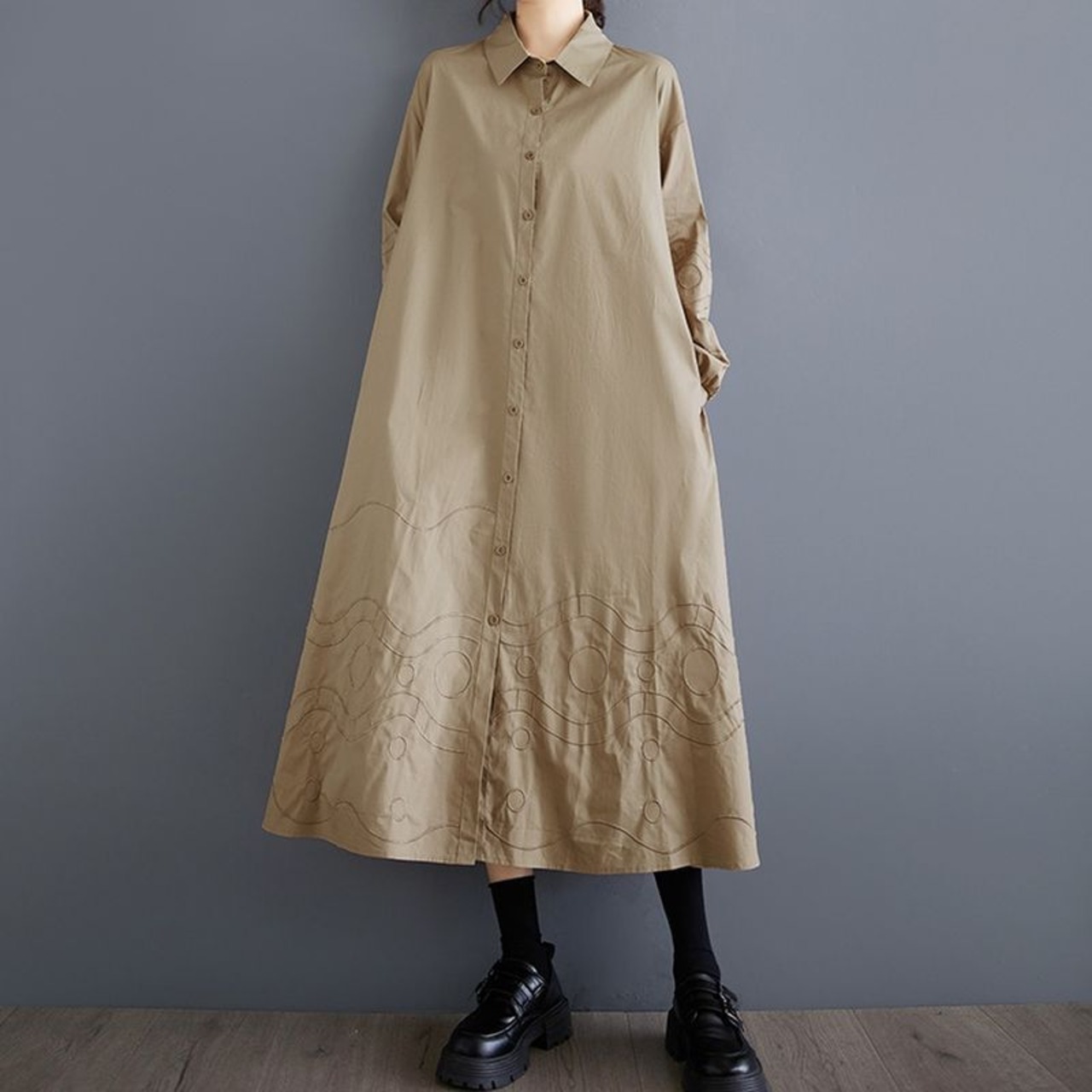 幾何学模様 刺繍 シャツワンピース 00095