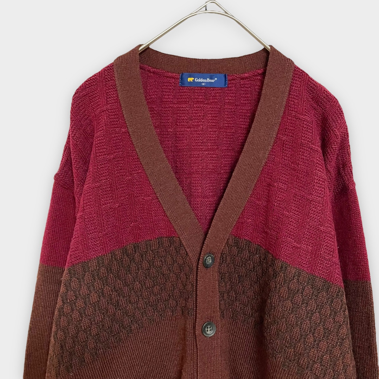 【Golden Bear】日本製 カーディガン 柄物 切替 柄ニット 羽織もの M ゴールデンベア ウール アクリル混合 古着