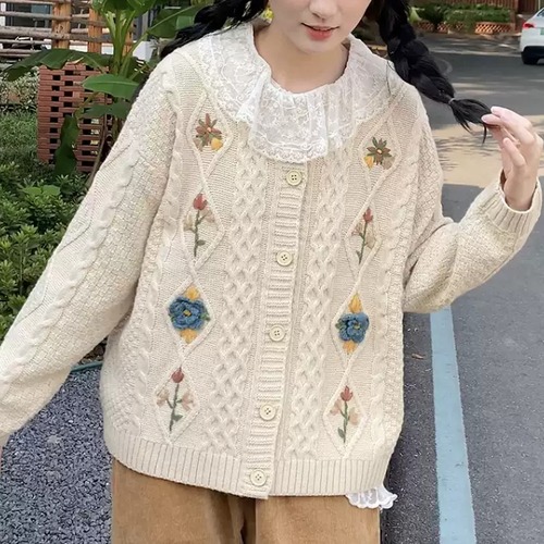 フラワー刺繍ケーブルニットカーデ ・12053