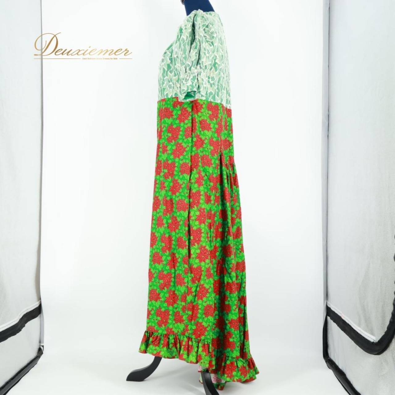 【ハワイ製 フラダンス衣装】グリーン T&L MUUMUU FACTORY ワンピース ドレス 緑 赤 白 レース 花柄 上品 キラキラ かわいい