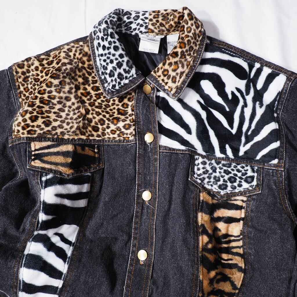 Various Animal Switching pattern Design dark gray denim jacket