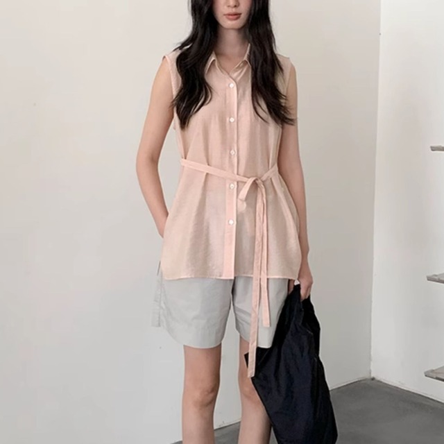 belted sleeveless sheer shirt L0522