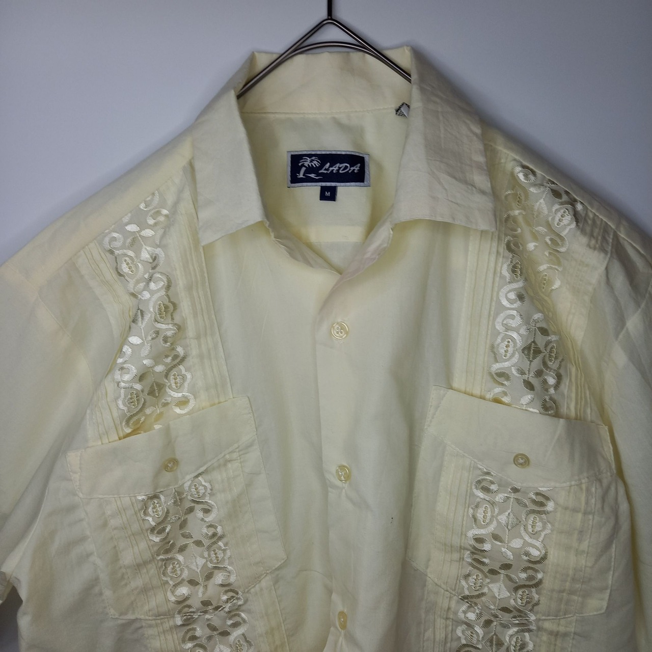 LADA　キューバシャツ　開襟　半袖　刺繍　ペールイエロー　4つポケ　M