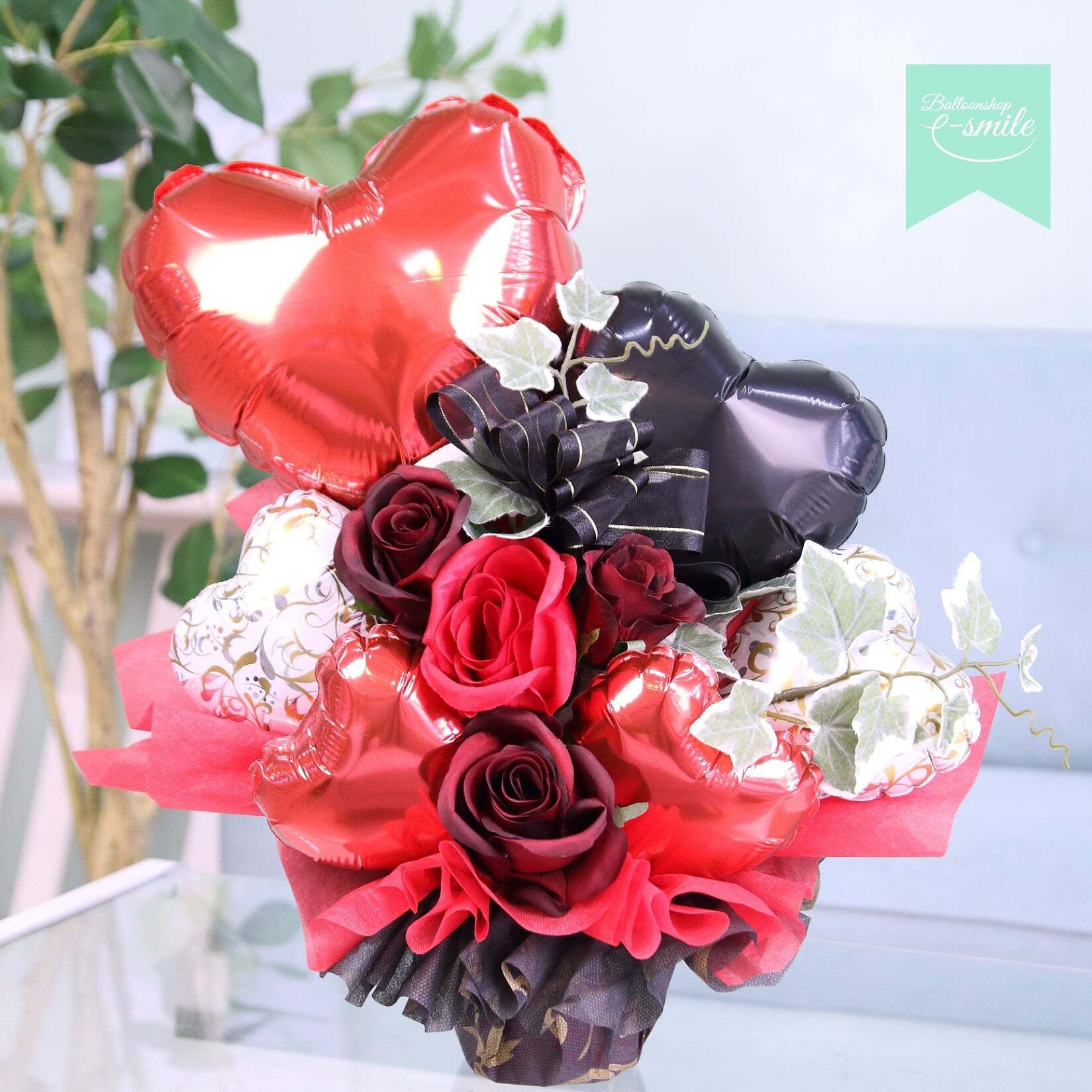 居酒屋 カフェ バー等の開店 周年祝いに 卓上バルーンギフト レッド ブラック 送料 消費税込 バルーンショップ E スマイル バルーンギフトオンラインショップ