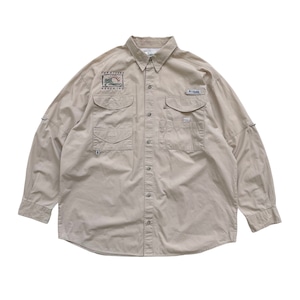 USED 00's Columbia PFG L/S fishing shirts "Two Rivers Ramch,Inc." - light beige