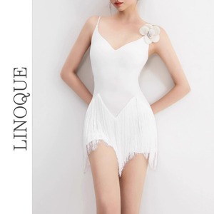 フラワーモチーフ付きフリンジミニドレス 2color 【L00148】