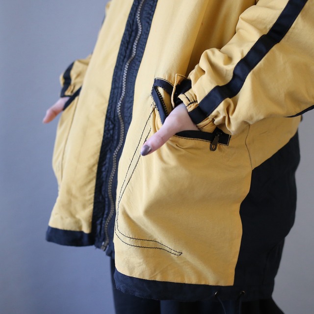 "black×yellow" tech design loose silhouette zip-up jacket with hood