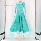 社交ダンス 衣装 スタンダードドレス ワンピース ドレス グリーン系 ブルー系 VeRTigo フリル レース フロート 青緑 デモ 競技 ダンス パーティ 発表会 豪華 華やか エレガント 上品 パフォーマンス用