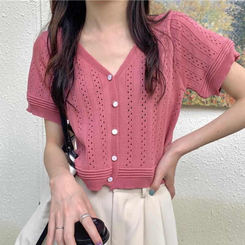 スタイルスリーブVネックニットカーディガンクロップドトップス レディース ハンチェンe29542095385