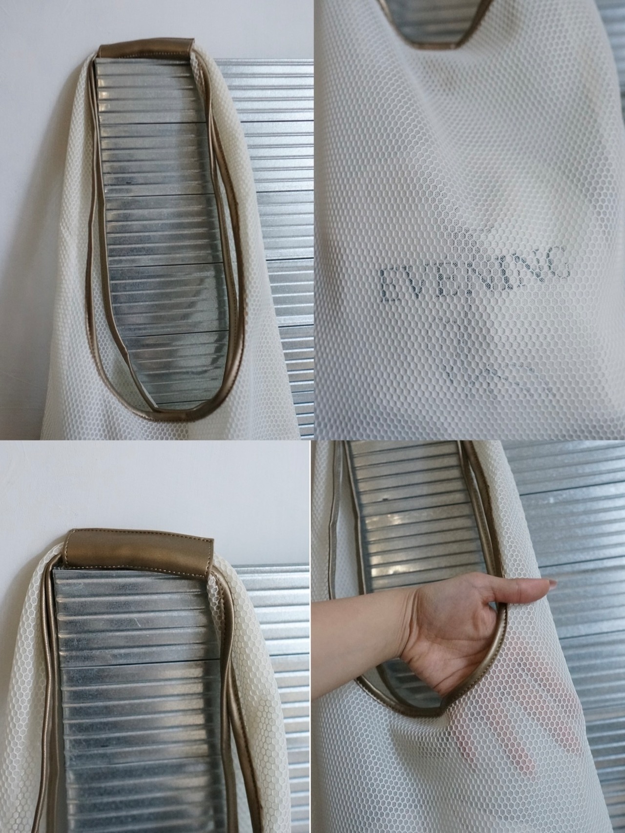 [Rose] mesh×leather triangle 3way  tote 巾着バッグ・メッシュショルダーバッグセット/White