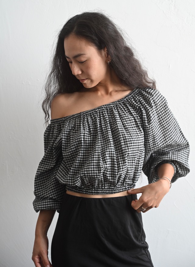 Handloom Cotton Check Off-Shoulder Top