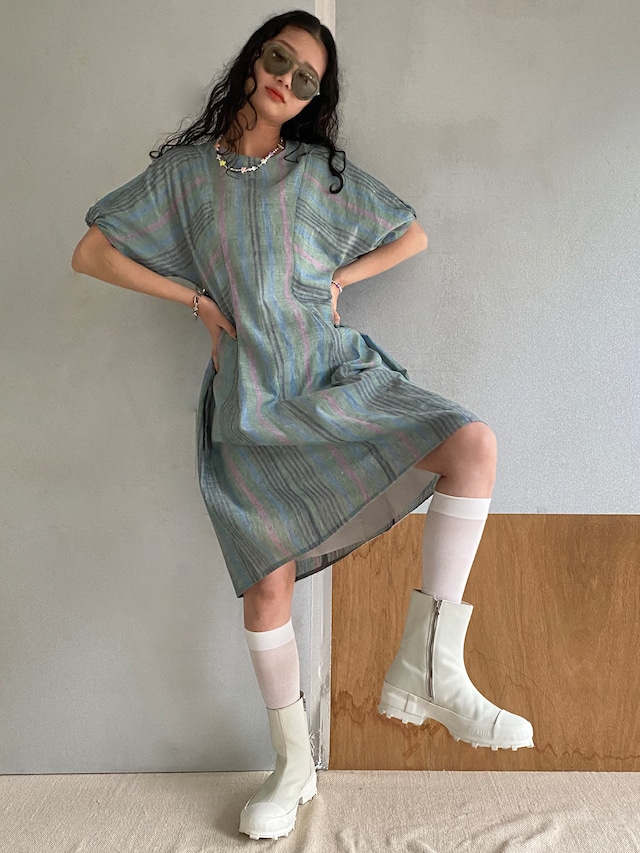 Short sleeve deformation dress "green & purple chambray stripe" khadi cotton