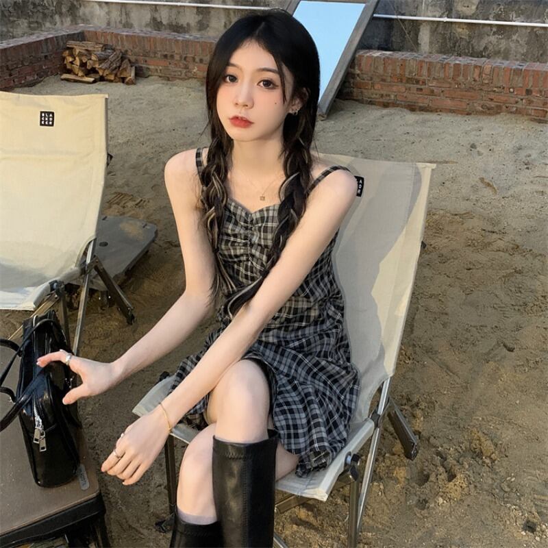 格子柄ドレス スタンダードショートスカート サマー レトロ 夏物 ブラックストロベリース66064179611