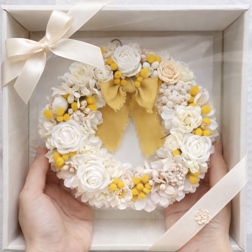 【WR-007】ホワイト×ミモザのやさしいナチュラルリース /アイボリーリボンのギフトケース入り ―｜上品で華やかな冬の贈り物｜ナチュラルインテリア・ギフトにもおすすめ