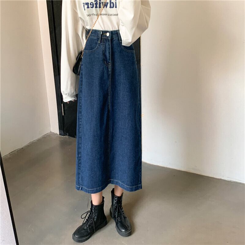 秋のレトロブルーハイウエストデニムスカート女性2020新バージョンルーズで薄いミドル丈Aラインスカートイン クレセントシティ49085011847