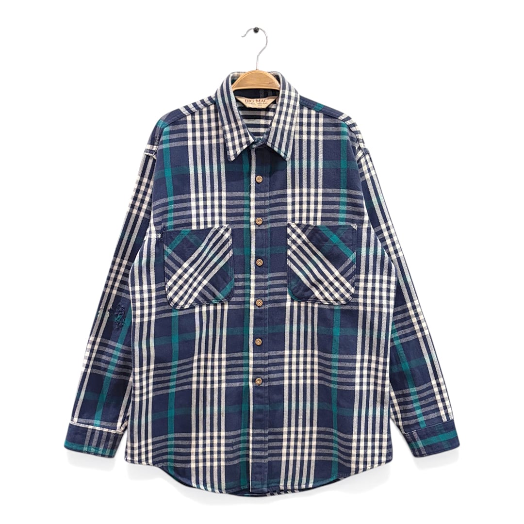 90s ビッグマック USA製 ヴィンテージ ネルシャツ 青緑チェック ヘビーフランネル BIG MAC サイズL 古着 CA1551