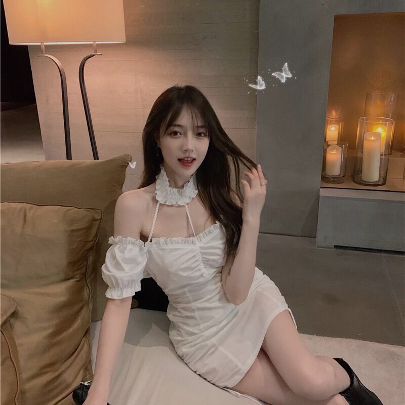 ホワイトハンギングネックストラップレスドレス女性夏セクシータイトフィットヒップスカート2020新しいスリム気質スカート ブラックストロベリース21613652410