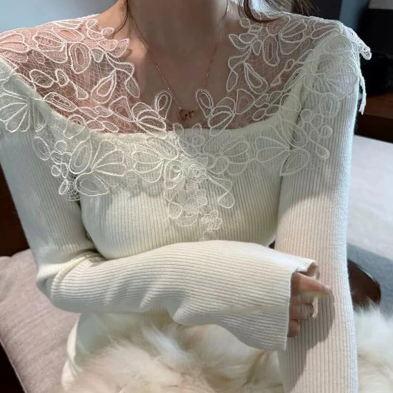 【tops】レースドッキングニットトップス Q7851