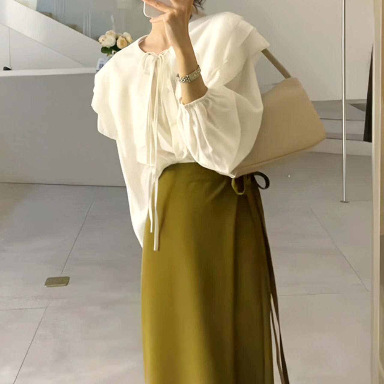 サイドリボン付きスリットロングスカート 2color A00505