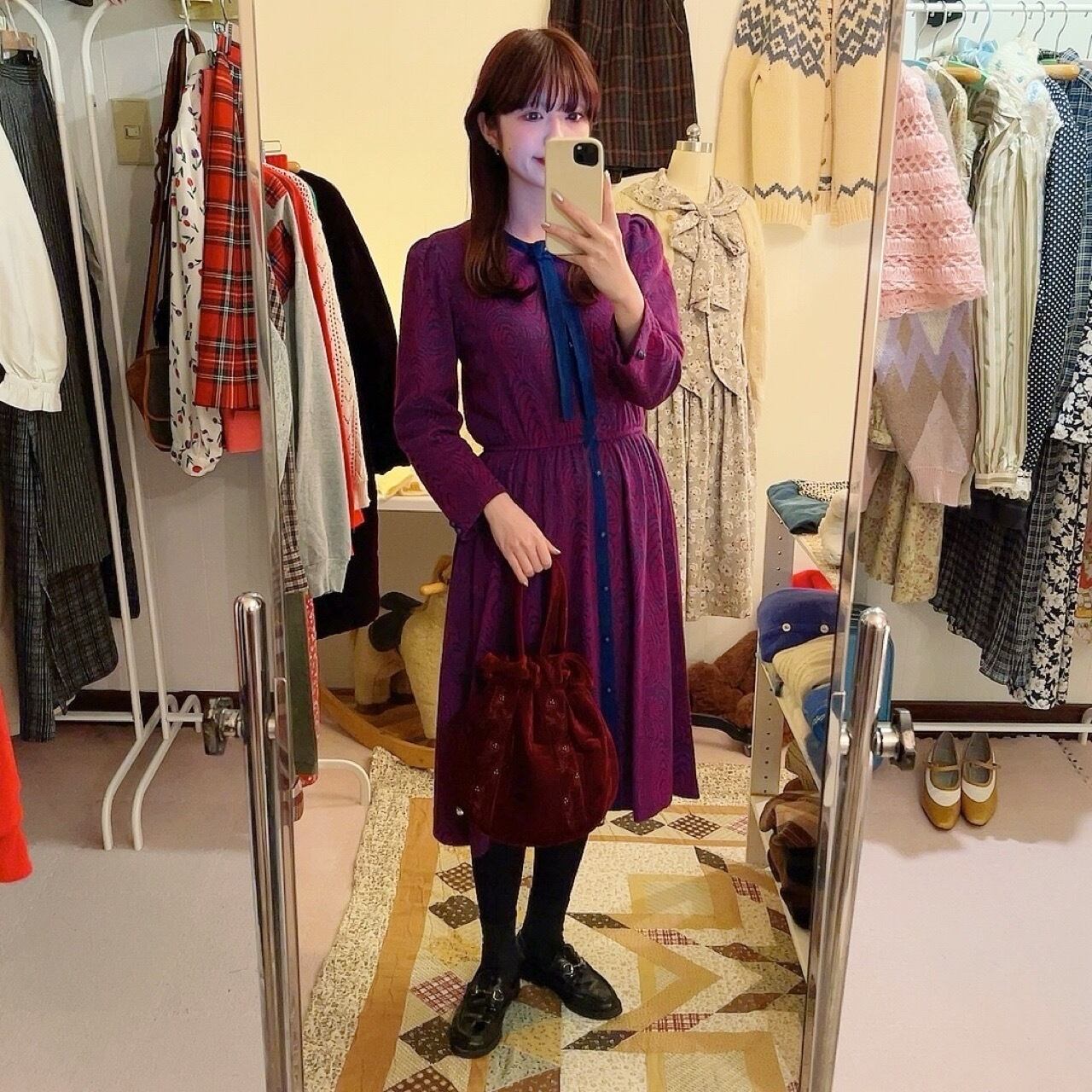 blue ribbon jacquard knit one-piece