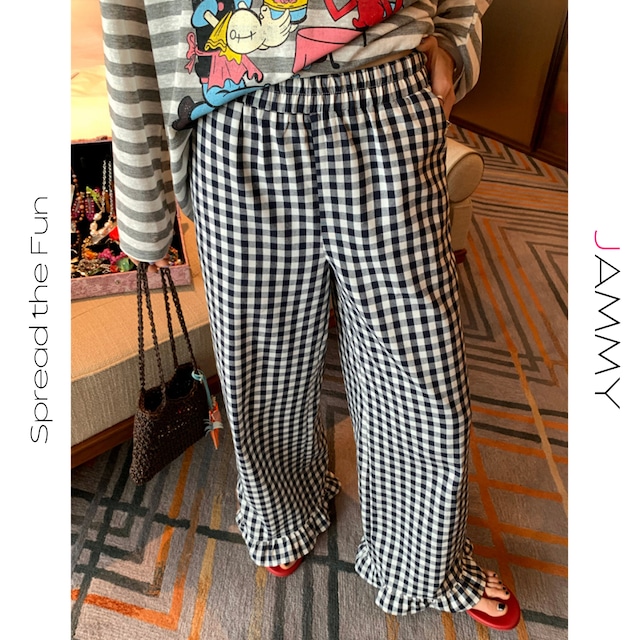 gingham check frill hem wide-leg pants J00001