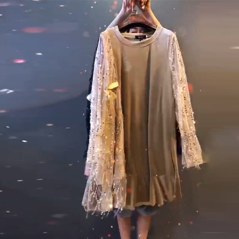 プラスサイズの婦人服2020秋新しい太った姉妹mm痩身腹ラウンドネック明るいシルクミディドレスファッション ミックスインファッション4839205580