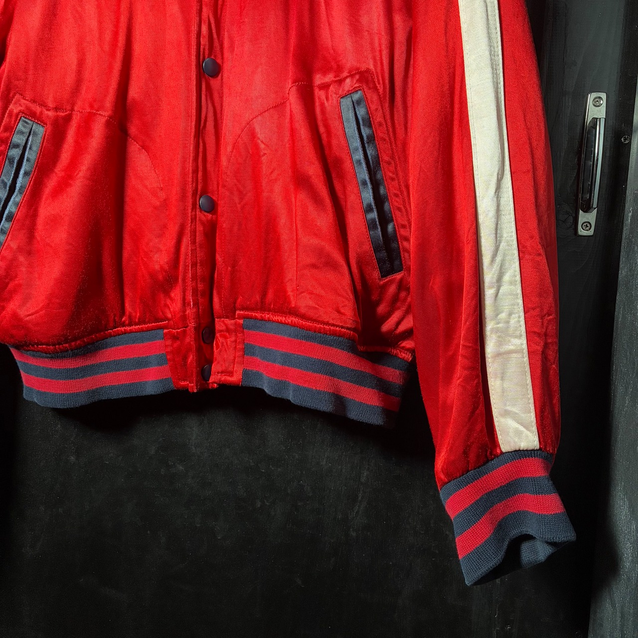 90s USA製　POLO SPORT レーヨンサテンスタジャン　赤　ポロスポーツ　スクリプトロゴ