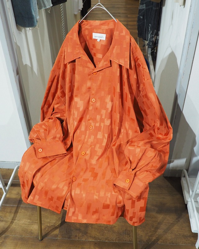 1990s " Made in USA ‐ Smash " Vivid Orange × Block Pattern Vintage Loose Open Collar Shirt