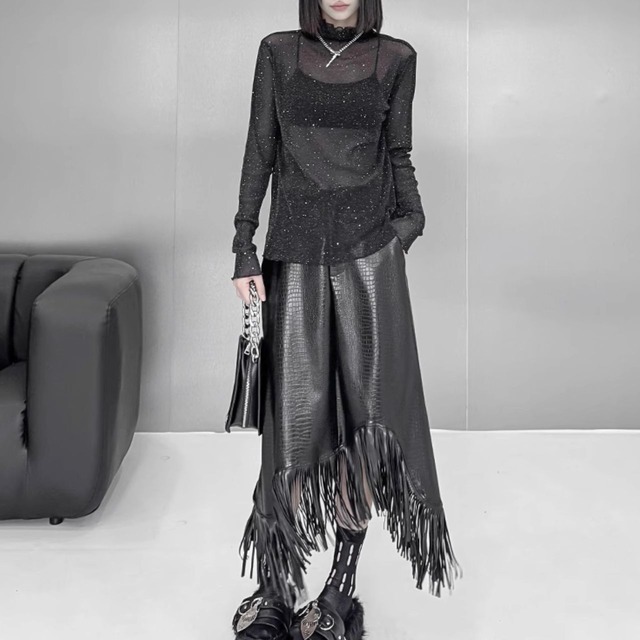 High neck see-through tops C0693